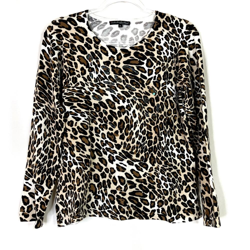 Pierri New York | Leopard Print Sweater Iridescent Beaded Accents L Petite